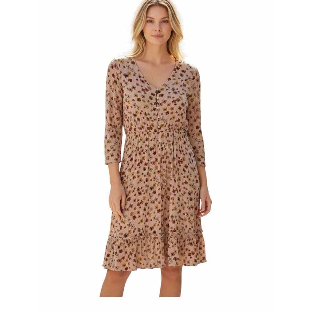 Downeast Floral Midi‎ Dress Women's Large Tan Crinkle Rayon Ruffle Hem